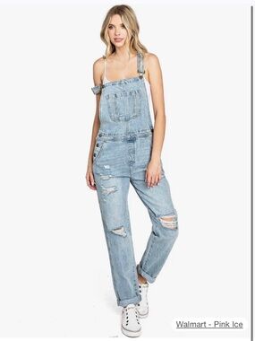 C'est Toi Women’s Light Wash Distressed Denim Overalls